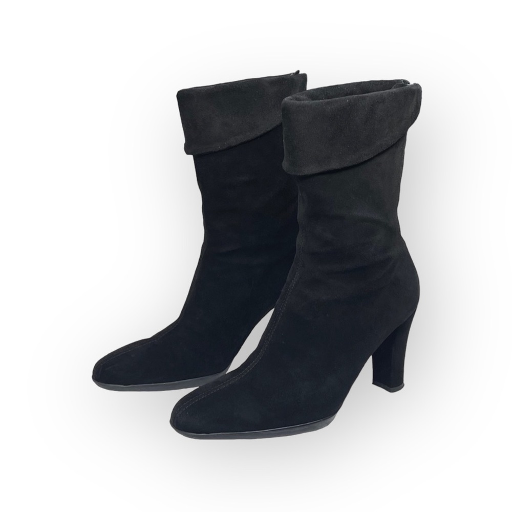 Aquatalia ⌘ Fold Over Suede Heeled Slouchy Boots ⌘ Back Zipper ⌘ Black 6.5M - Picture 9 of 16